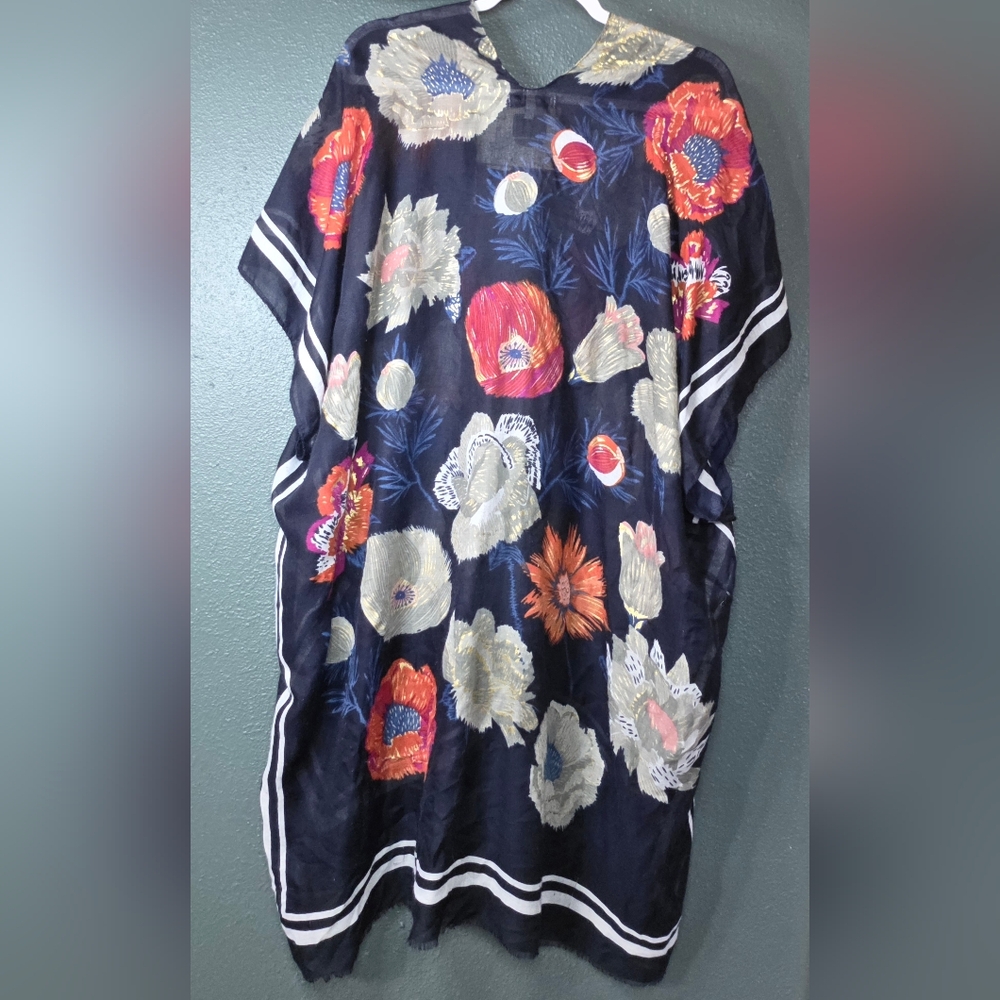 Woven Heart Navy Floral Sheer Kimono Cardigan with Red and Cream Flowers - Picture 10 of 11